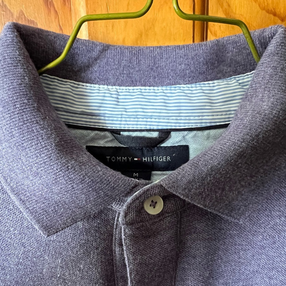 Men’s heathered  light purple Tommy Hilfiger polo style shirt.